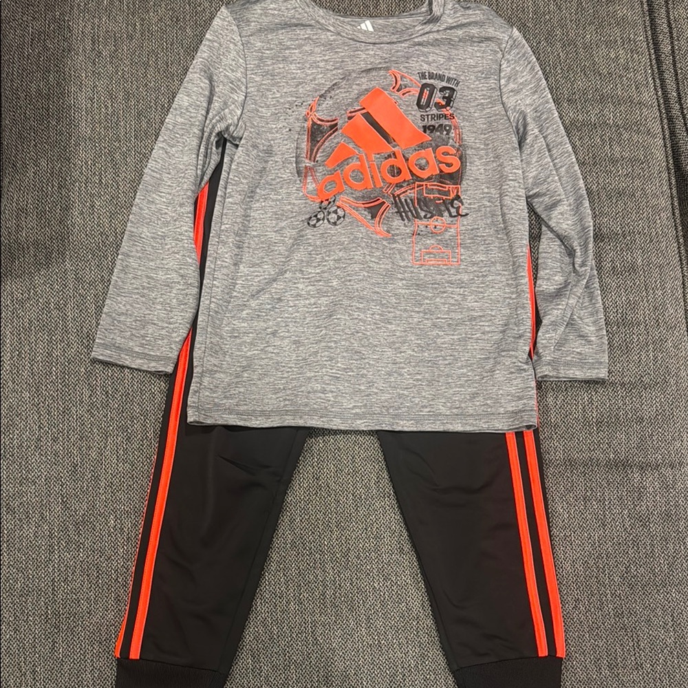 Adidas Heather Gray Top and Black Pants Set with Orange Highlights